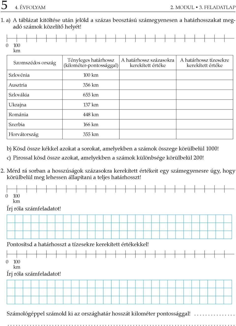 655 km Ukrajna 137 km Románia 448 km Szerbia 166 km Horvátország 355 km b) Kösd össze kékkel azokat a sorokat, amelyekben a számok összege körülbelül 1000!