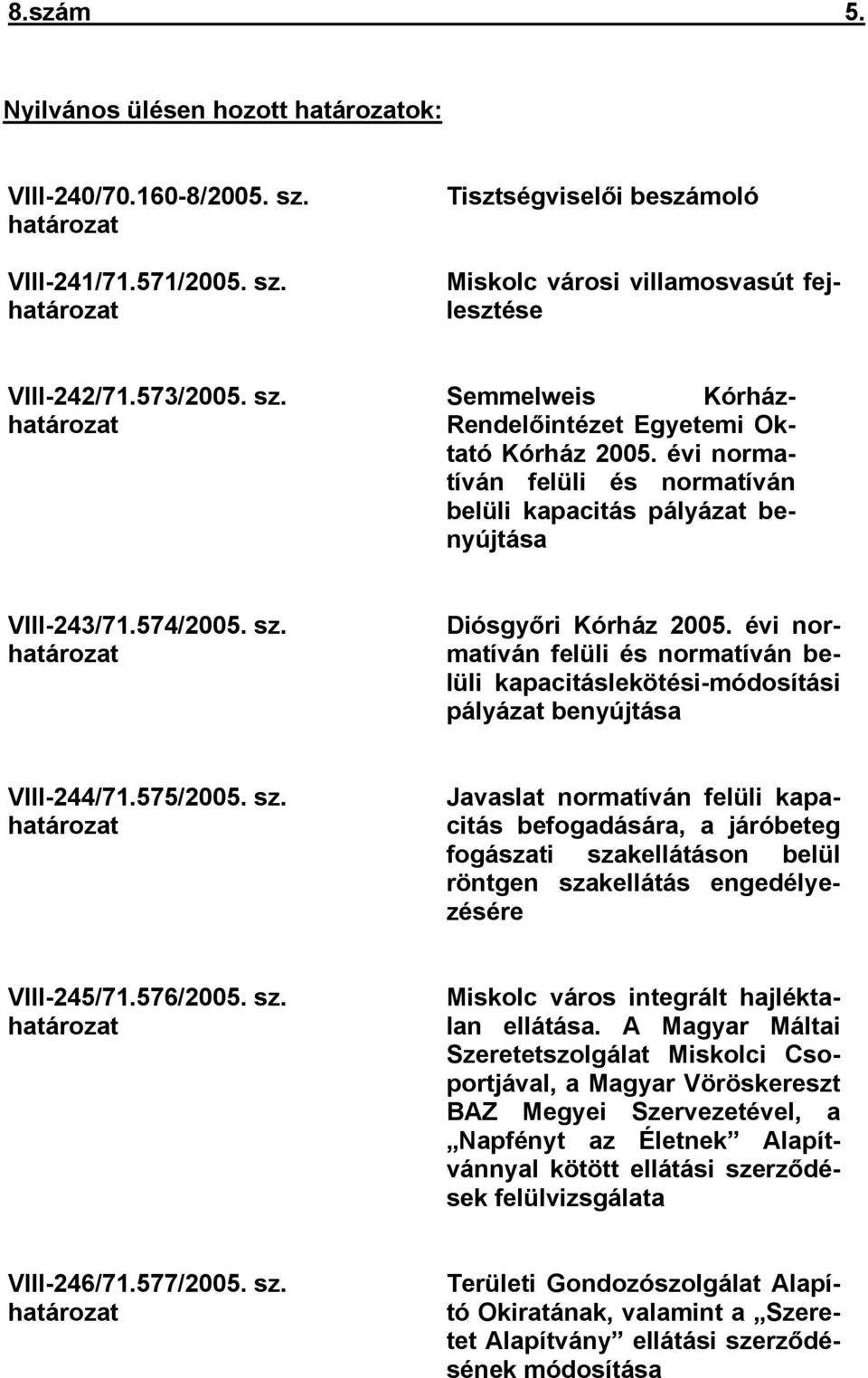 évi normatíván felüli és normatíván belüli kapacitáslekötési-módosítási pályázat benyújtása VIII-244/71.575/2005. sz.