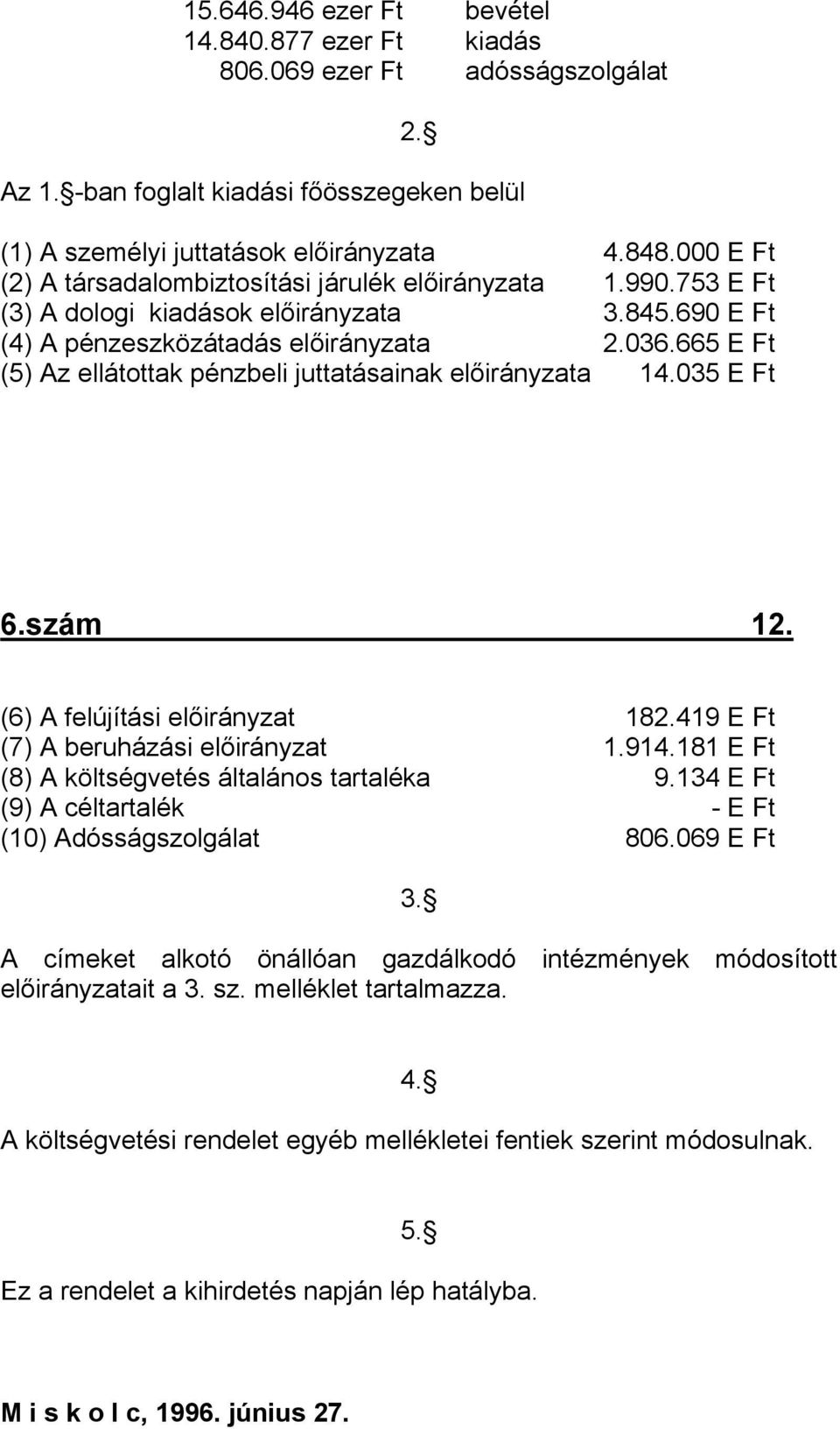 665 E Ft (5) Az ellátottak pénzbeli juttatásainak előirányzata 14.035 E Ft 6.szám 12. (6) A felújítási előirányzat 182.419 E Ft (7) A beruházási előirányzat 1.914.