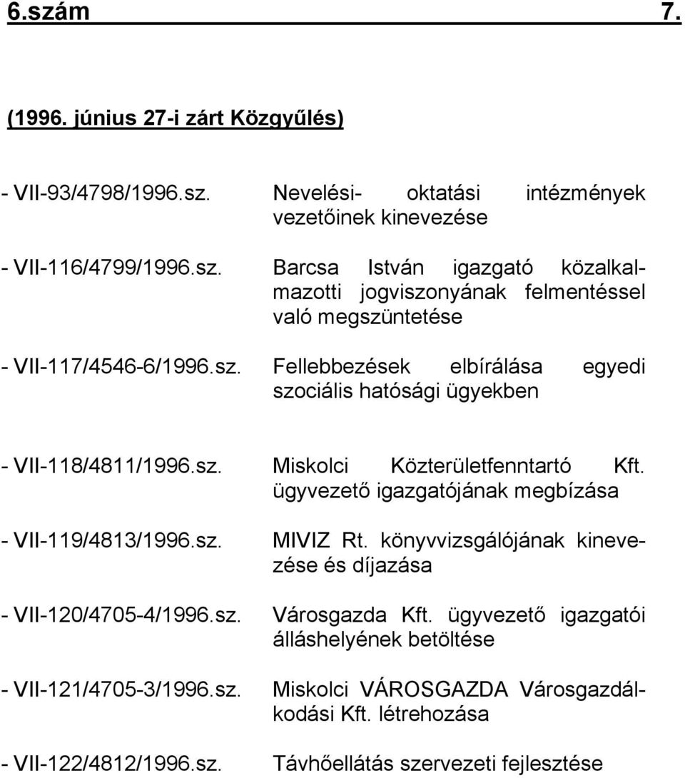 sz. MIVIZ Rt. könyvvizsgálójának kinevezése és díjazása - VII-120/4705-4/1996.sz. Városgazda Kft. ügyvezető igazgatói álláshelyének betöltése - VII-121/4705-3/1996.sz. Miskolci VÁROSGAZDA Városgazdálkodási Kft.