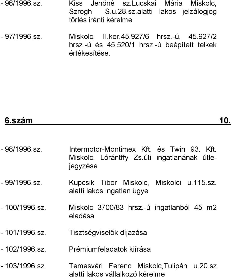 úti ingatlanának útlejegyzése - 99/1996.sz. Kupcsik Tibor Miskolc, Miskolci u.115.sz. alatti lakos ingatlan ügye - 100/1996.sz. Miskolc 3700/83 hrsz.