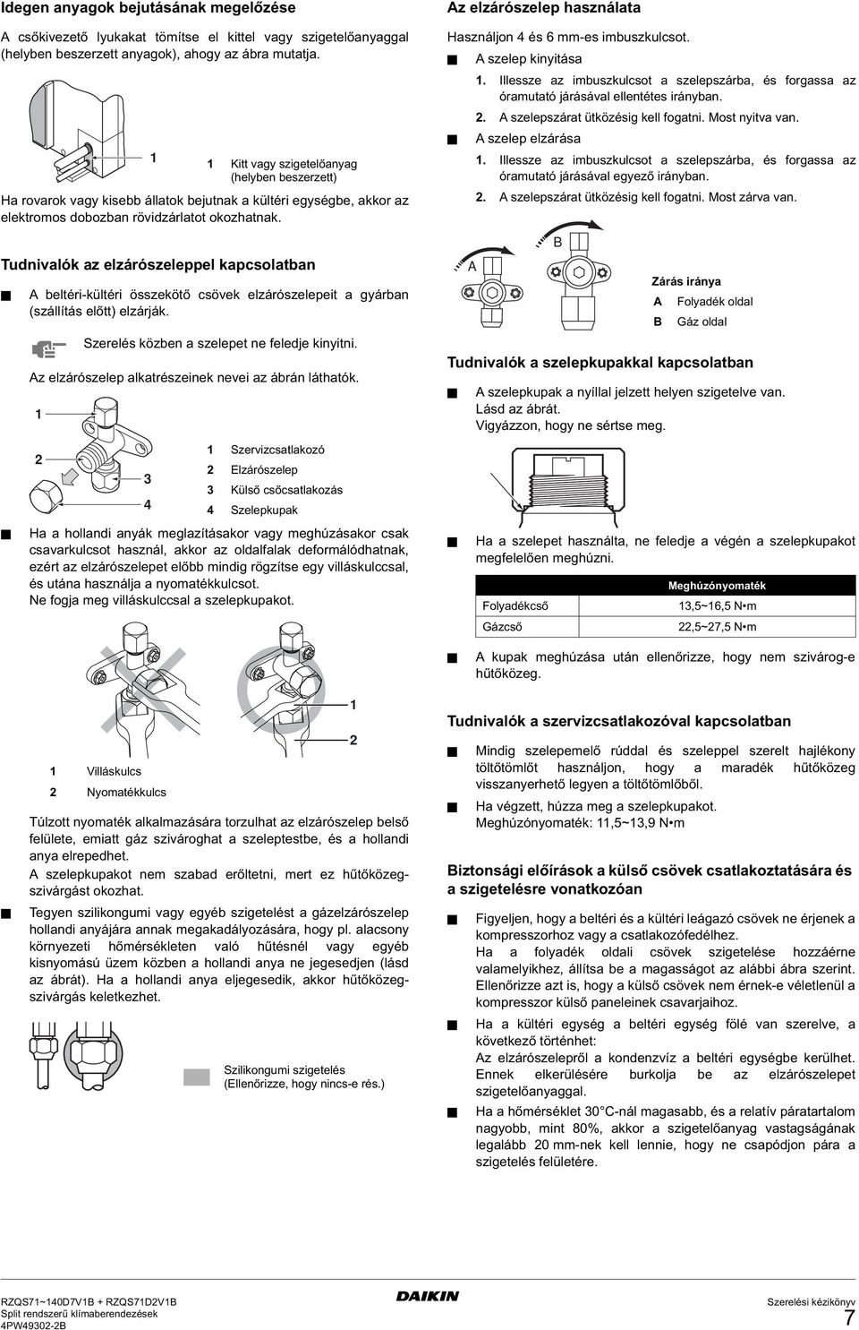 Tudnivalók az elzárószeleppel kapcsolatban beltéri-kültéri összekötő csövek elzárószelepeit a gyárban (szállítás előtt) elzárják. z elzárószelep alkatrészeinek nevei az ábrán láthatók.