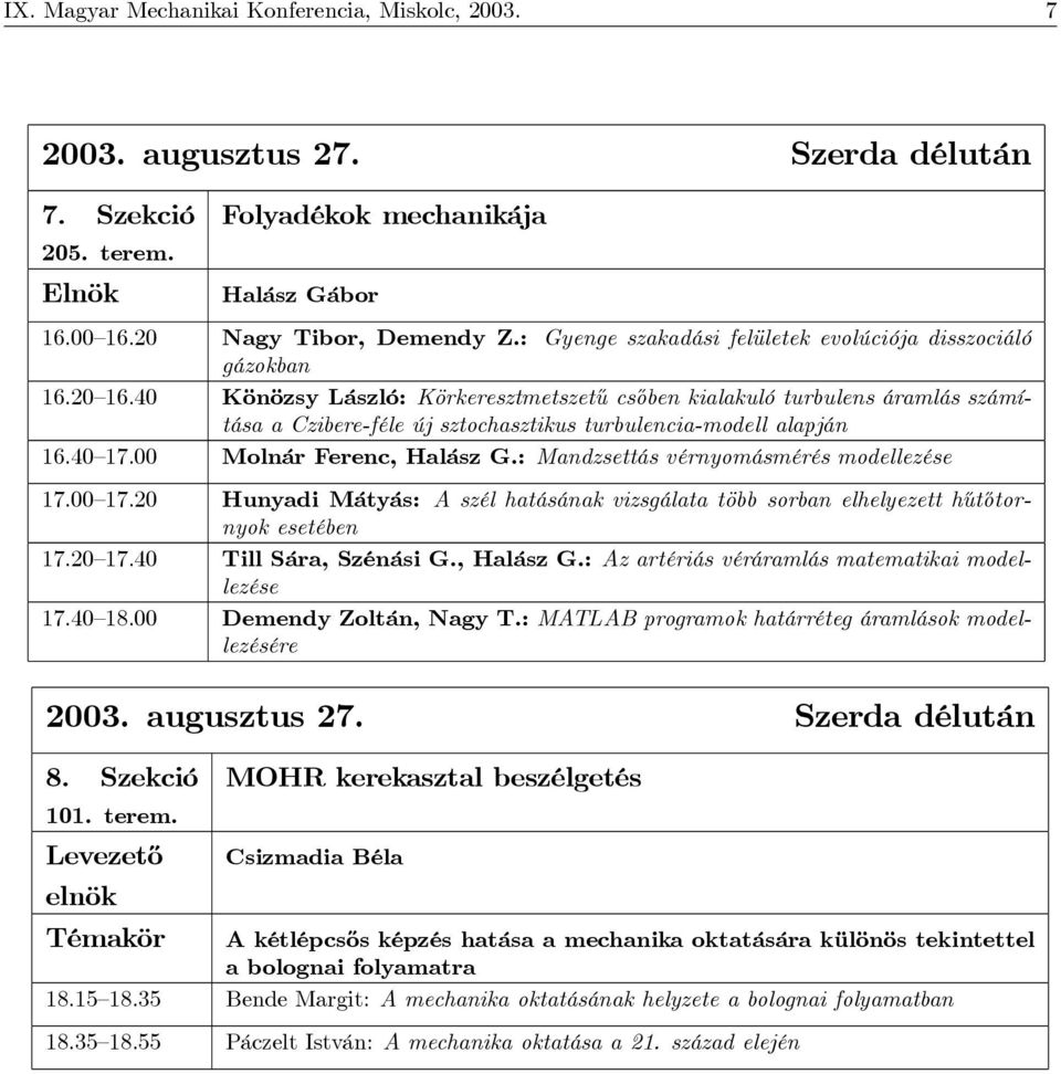 40 Könözsy László: Körkeresztmetszetű csőben kialakuló turbulens áramlás számítása a Czibere-féle új sztochasztikus turbulencia-modell alapján 16.40 17.00 Molnár Ferenc, Halász G.