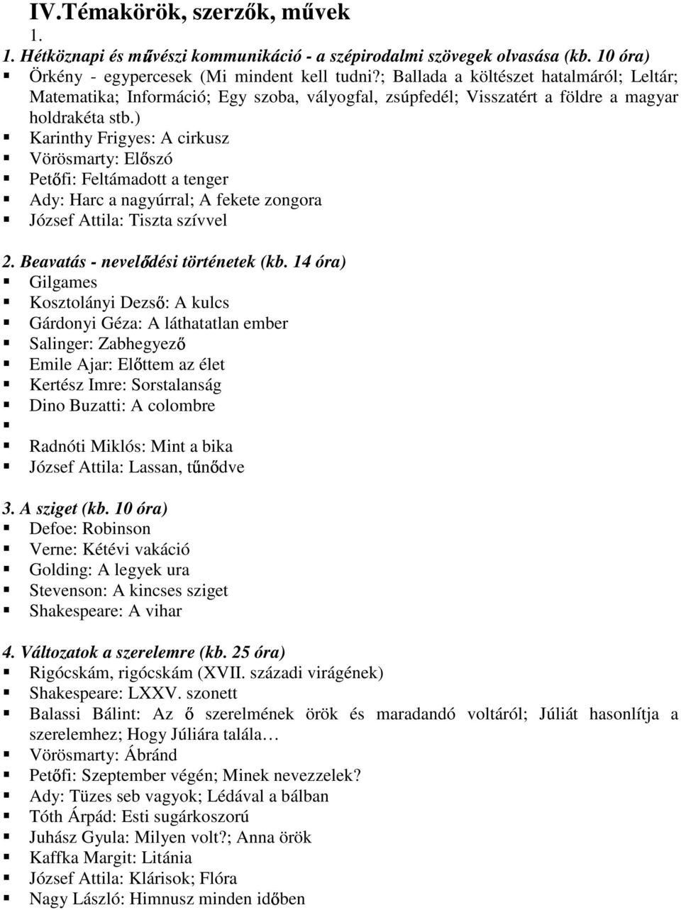 ) Karinthy Frigyes: A cirkusz Vörösmarty: El szó Pet fi: Feltámadott a tenger Ady: Harc a nagyúrral; A fekete zongora József Attila: Tiszta szívvel 2. Beavatás - nevel dési történetek (kb.