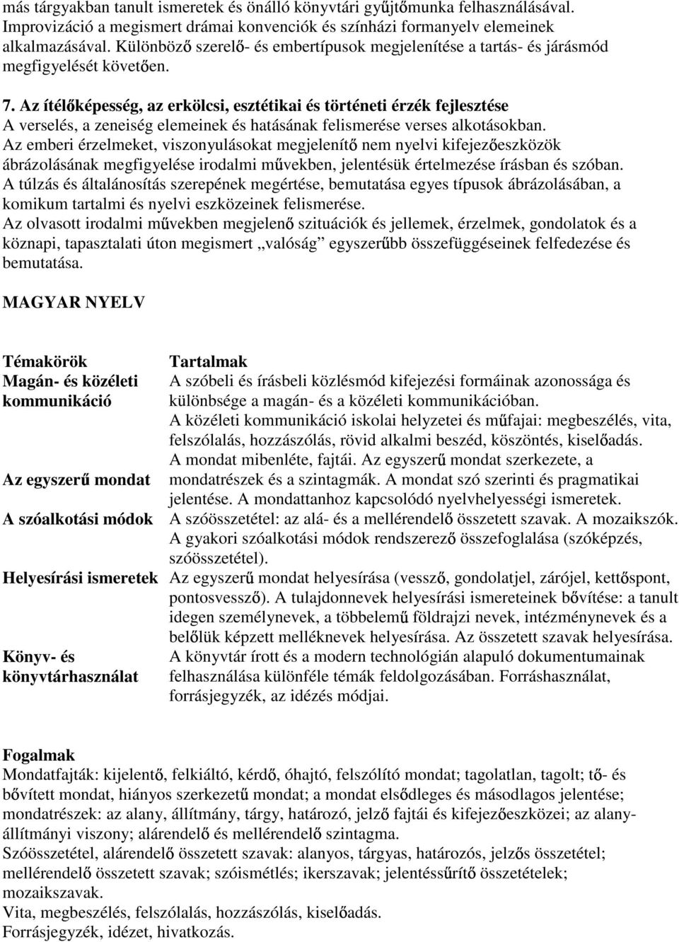 Az ítél képesség, az erkölcsi, esztétikai és történeti érzék fejlesztése A verselés, a zeneiség elemeinek és hatásának felismerése verses alkotásokban.