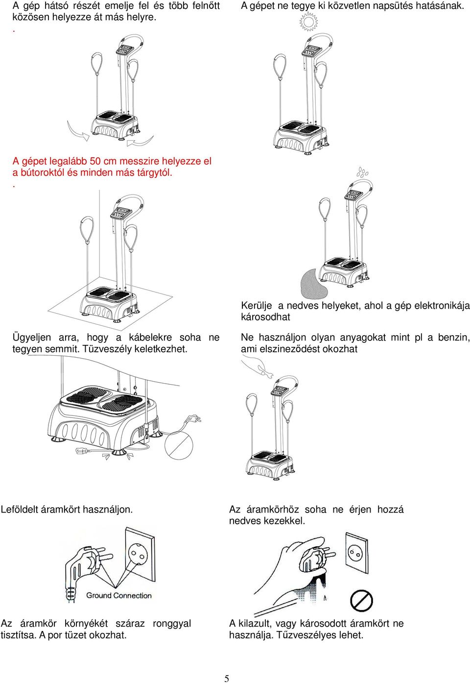 . Kerülje a nedves helyeket, ahol a gép elektronikája károsodhat Ügyeljen arra, hogy a kábelekre soha ne tegyen semmit. Tüzveszély keletkezhet.