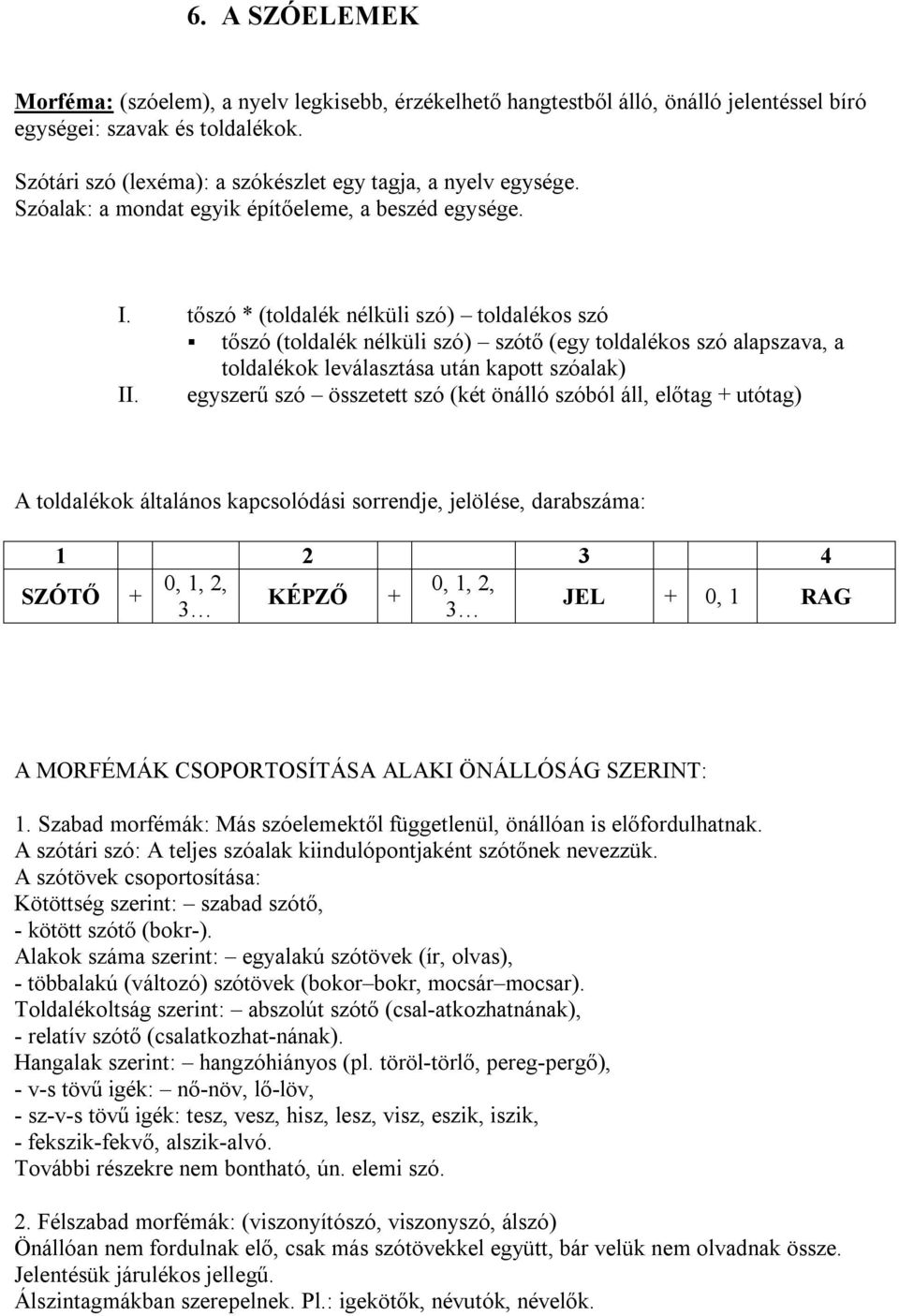 tőszó * (toldalék nélküli szó) toldalékos szó tőszó (toldalék nélküli szó) szótő (egy toldalékos szó alapszava, a toldalékok leválasztása után kapott szóalak) II.