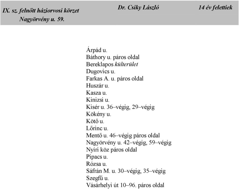 36 végig, 29 végig Kökény u. Kötı u. Lırinc u. Mentı u. 46 végig páros oldal Nagyörvény u.