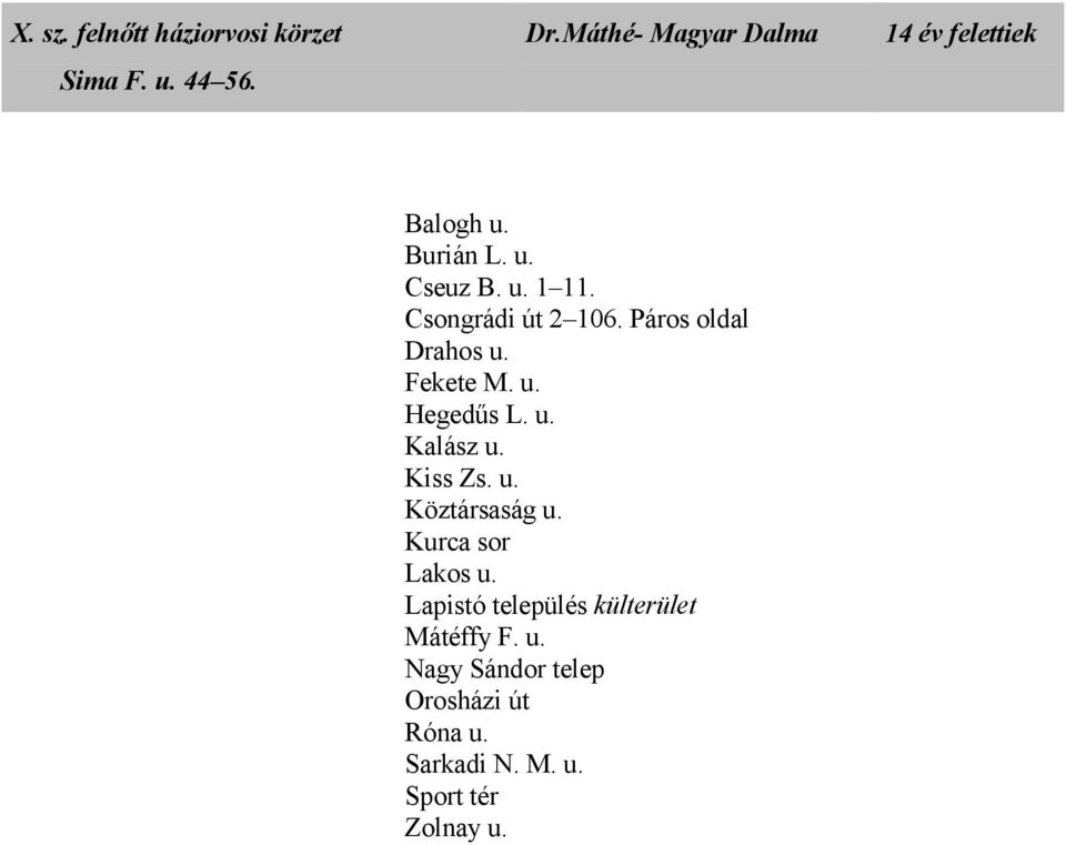 Csongrádi út 2 106. Páros oldal Drahos u. Fekete M. u. Hegedős L. u. Kalász u. Kiss Zs. u. Köztársaság u.