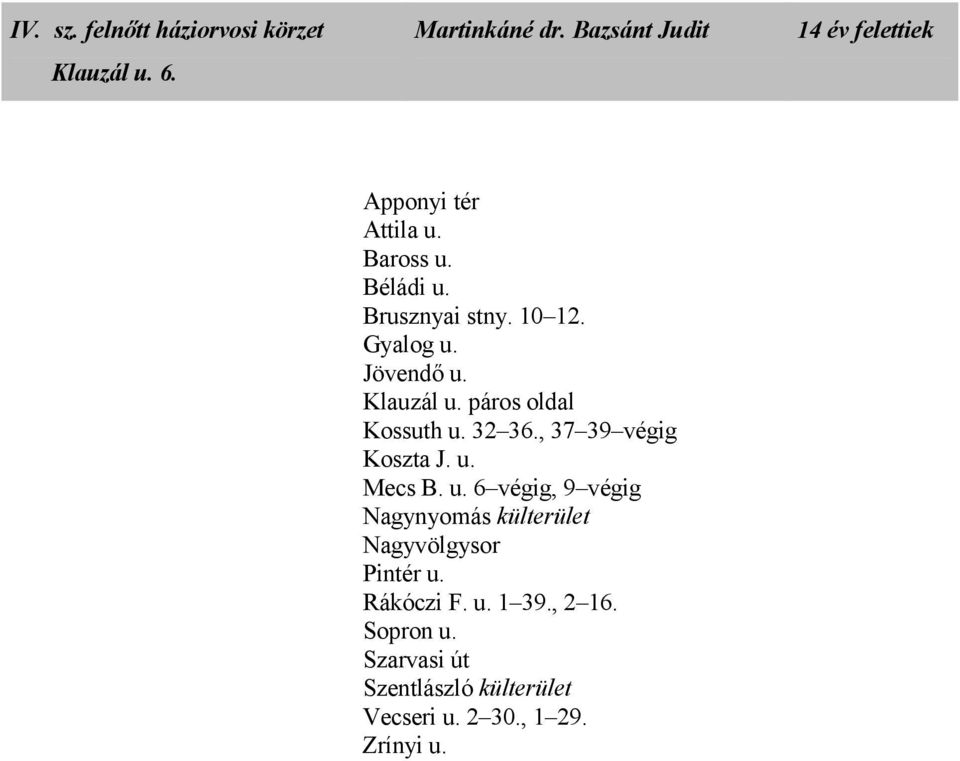 Jövendı u. Klauzál u. páros oldal Kossuth u. 32 36., 37 39 végig Koszta J. u. Mecs B. u. 6 végig, 9 végig Nagynyomás külterület Nagyvölgysor Pintér u.