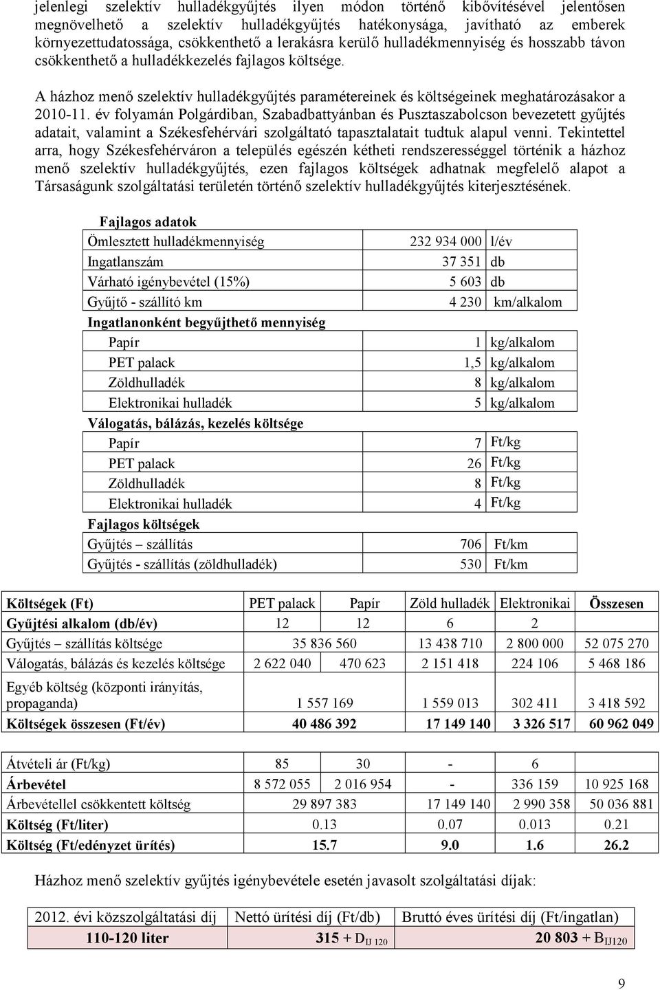 A házhoz menı szelektív hulladékgyőjtés paramétereinek és költségeinek meghatározásakor a 2010-11.