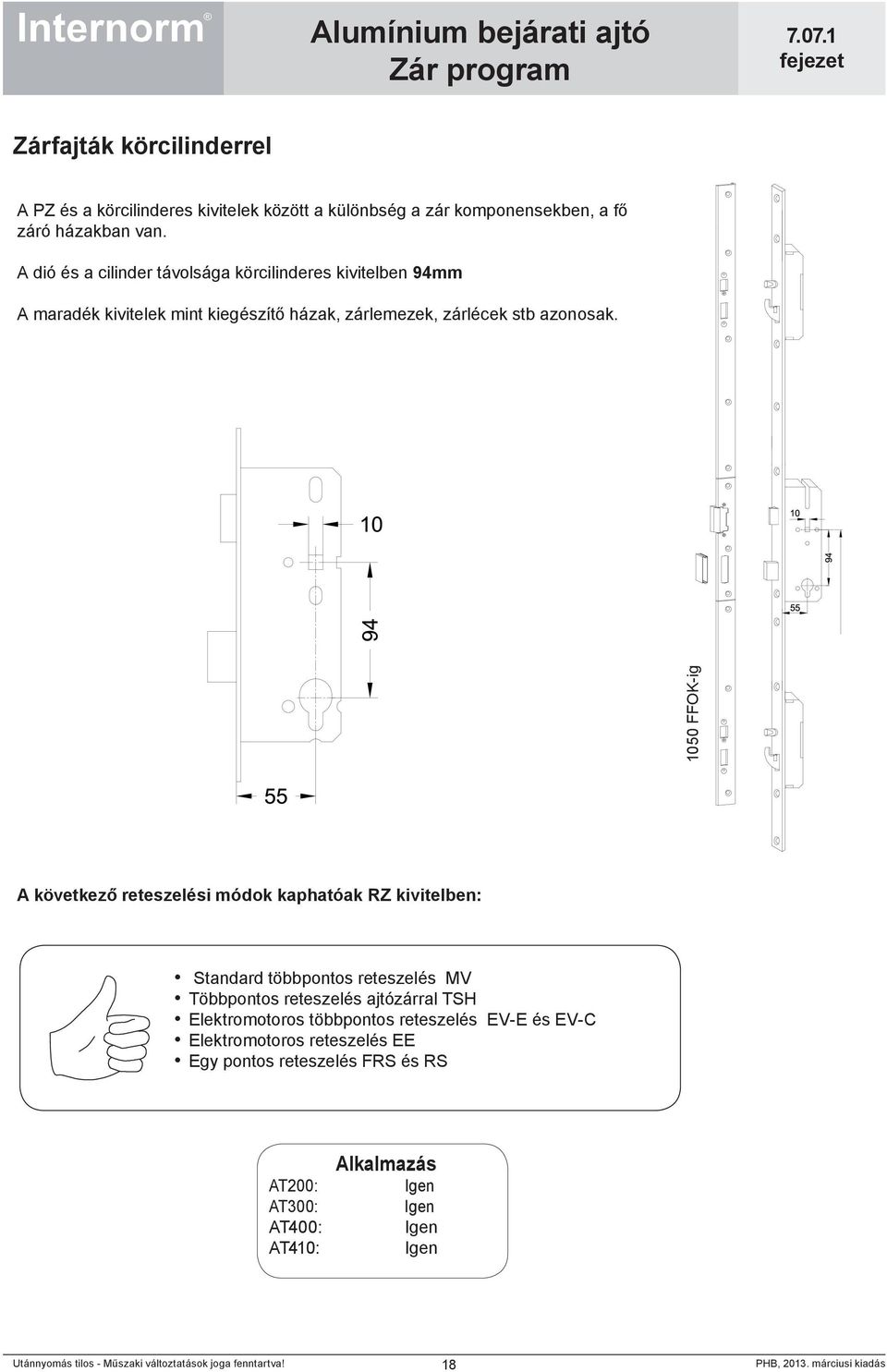 1050 FFOK-ig A következő reteszelési módok kaphatóak RZ kivitelben: Standard többpontos reteszelés MV Többpontos reteszelés ajtózárral TSH