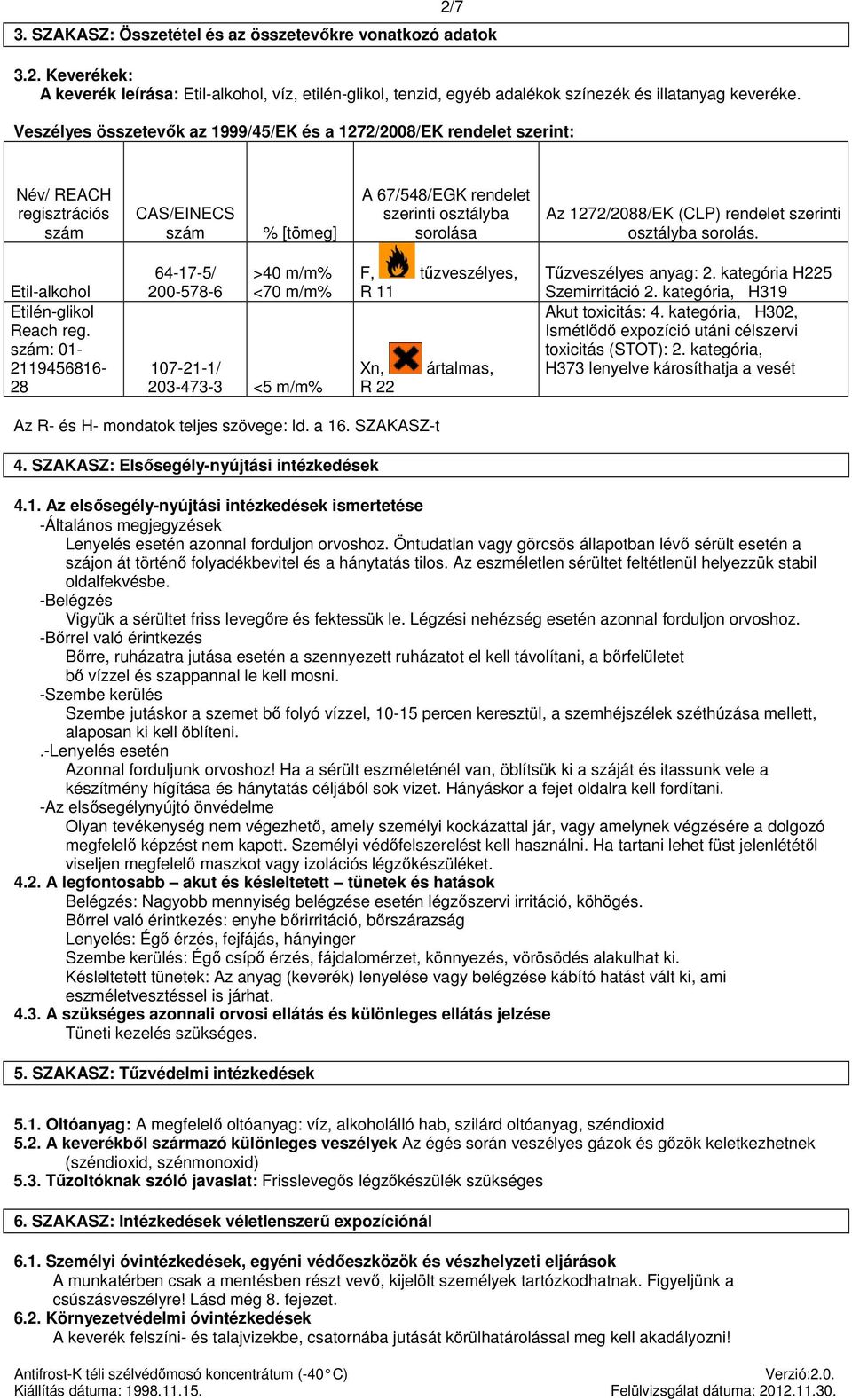 szerinti osztályba sorolás. Etilén-glikol Reach reg. szám: 01-2119456816- 28 / 200-578-6 >40 m/m% <70 m/m% / 203-473-3 <5 m/m% F, tűzveszélyes, R 11 Xn, R 22 ártalmas, Tűzveszélyes : 2.