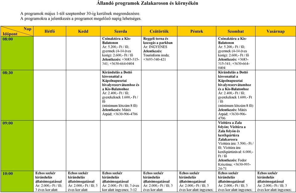 600,- +3683-315- 341; +3630-664- Reggeli torna és kocogás a parkban Tourinform iroda; +3693-340-421 Csónaktúra a Kis- Balatonon Ár: 5.200,- ; gyermek (4-14 éves korig): 2.