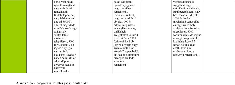 jegyre a nyugta vagy számla kiállítását követő 7 napon belül; aki az adott időpontra érvényes szálloda kártyával rendelkezik) vásárlását igazoló nyugtával vagy számlával rendelkezik,