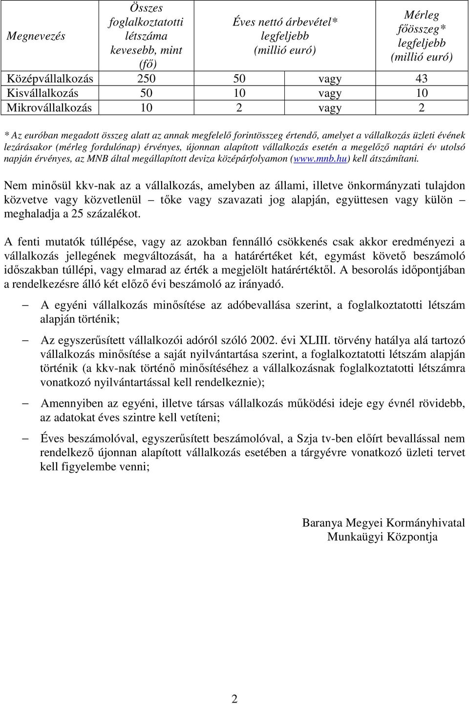 újonnan alapított vállalkozás esetén a megelőző naptári év utolsó napján érvényes, az MNB által megállapított deviza középárfolyamon (www.mnb.hu) kell átszámítani.