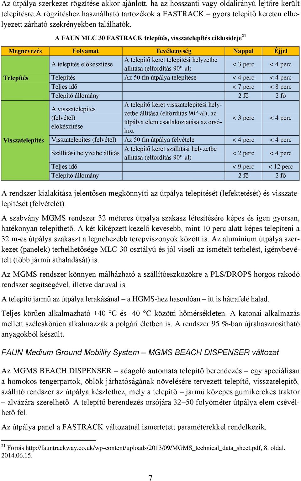 A FAUN MLC 30 FASTRACK telepítés, visszatelepítés ciklusideje 21 Megnevezés Folyamat Tevékenység Nappal Éjjel A telepítés előkészítése A telepítő keret telepítési helyzetbe állítása (elfordítás 90