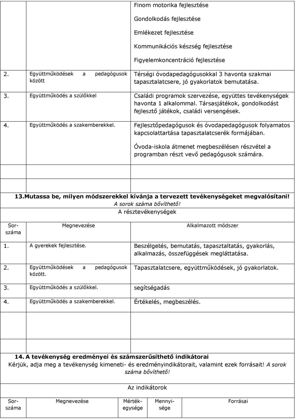 Társasjátékok, gondolkodást fejlesztő játékok, családi versengések. 4. Együttműködés a szakemberekkel.