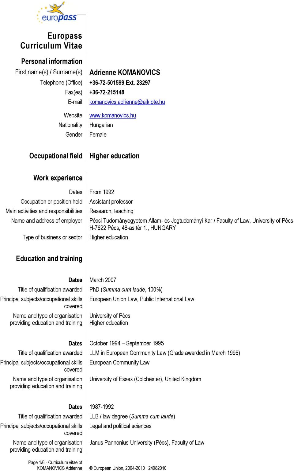 hu Hungarian Female Occupational field Higher education Work experience Occupation or position held Main activities and responsibilities Name and address of employer Type of business or sector Dates