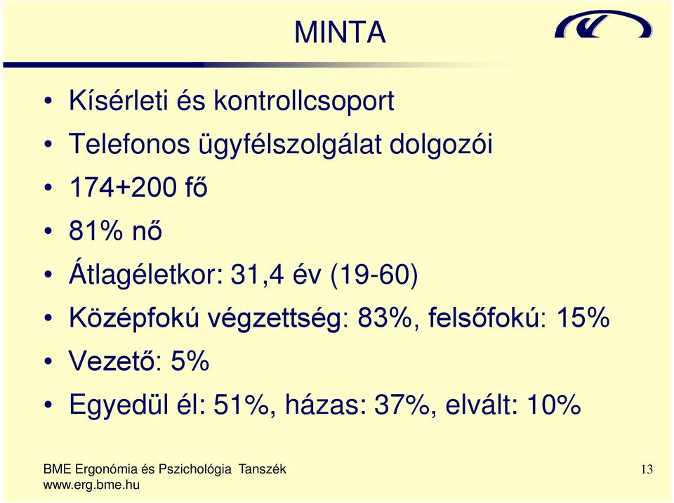 Átlagéletkor: 31,4 év (19-60) Középfokú végzettség: