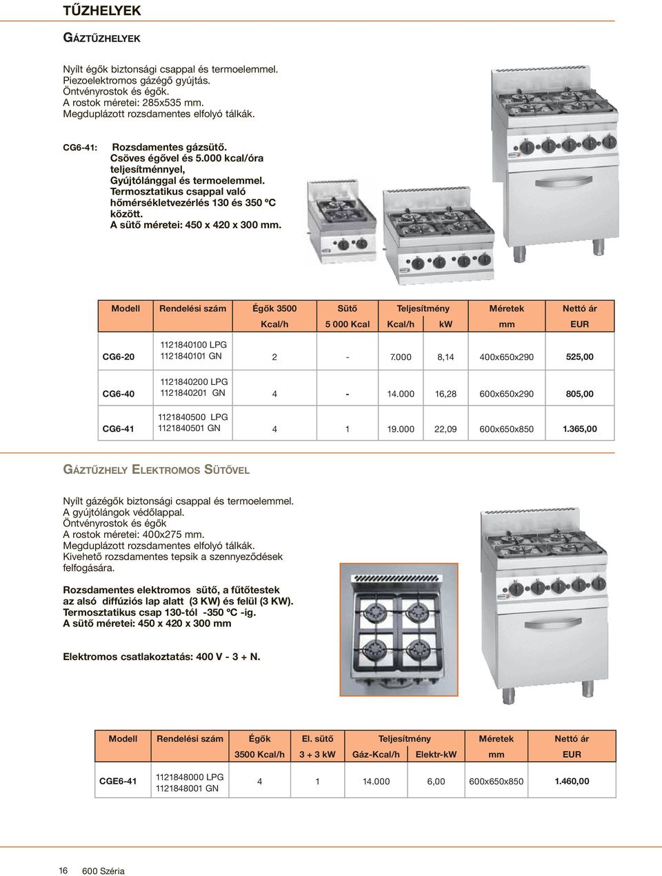 A sütő méretei: 450 x 420 x 300 mm. Modell Rendelési szám Égők 3500 Sütő Teljesítmény Méretek Nettó ár Kcal/h 5 000 Kcal Kcal/h kw mm EUR CG6-20 CG6-40 CG6-41 1121840100 LPG 1121840101 GN 2-7.