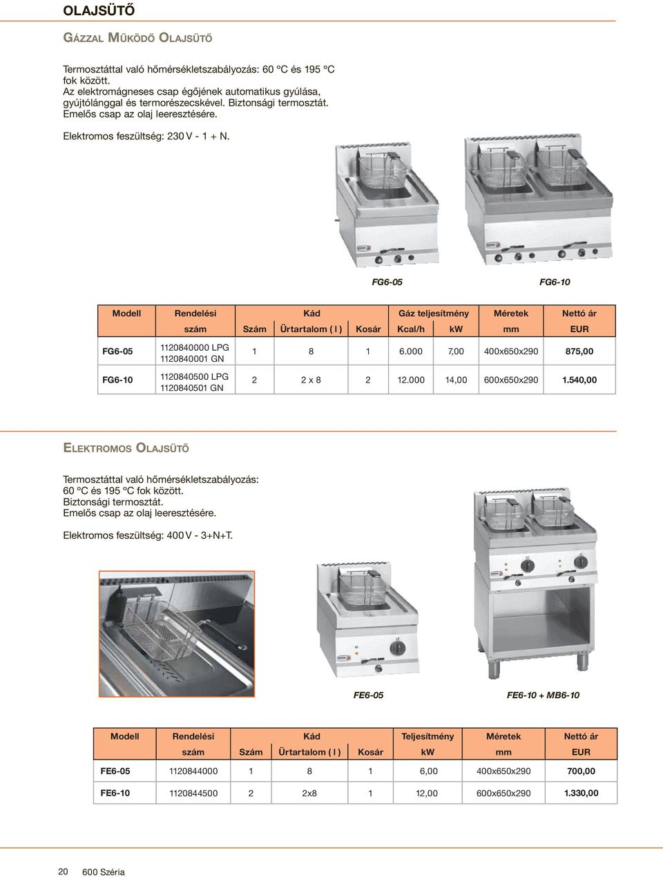 FG6-05 FG6-10 Modell Rendelési Kád Gáz teljesítmény Méretek Nettó ár szám Szám Ürtartalom ( l ) Kosár Kcal/h kw mm EUR FG6-05 FG6-10 1120840000 LPG 1120840001 GN 1120840500 LPG 1120840501 GN 1 8 1 6.