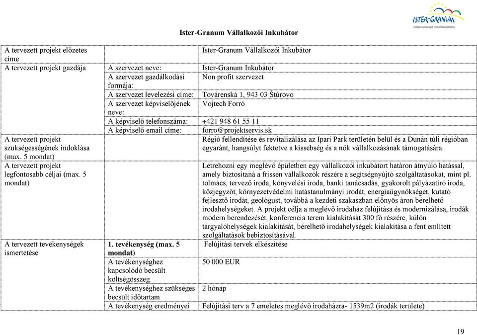 címe: forro@projektservis.sk A tervezett projekt szükségességének indoklása (max. 5 A tervezett projekt legfontosabb céljai (max. 5 A tervezett tevékenységek ismertetése 1. tevékenység (max.