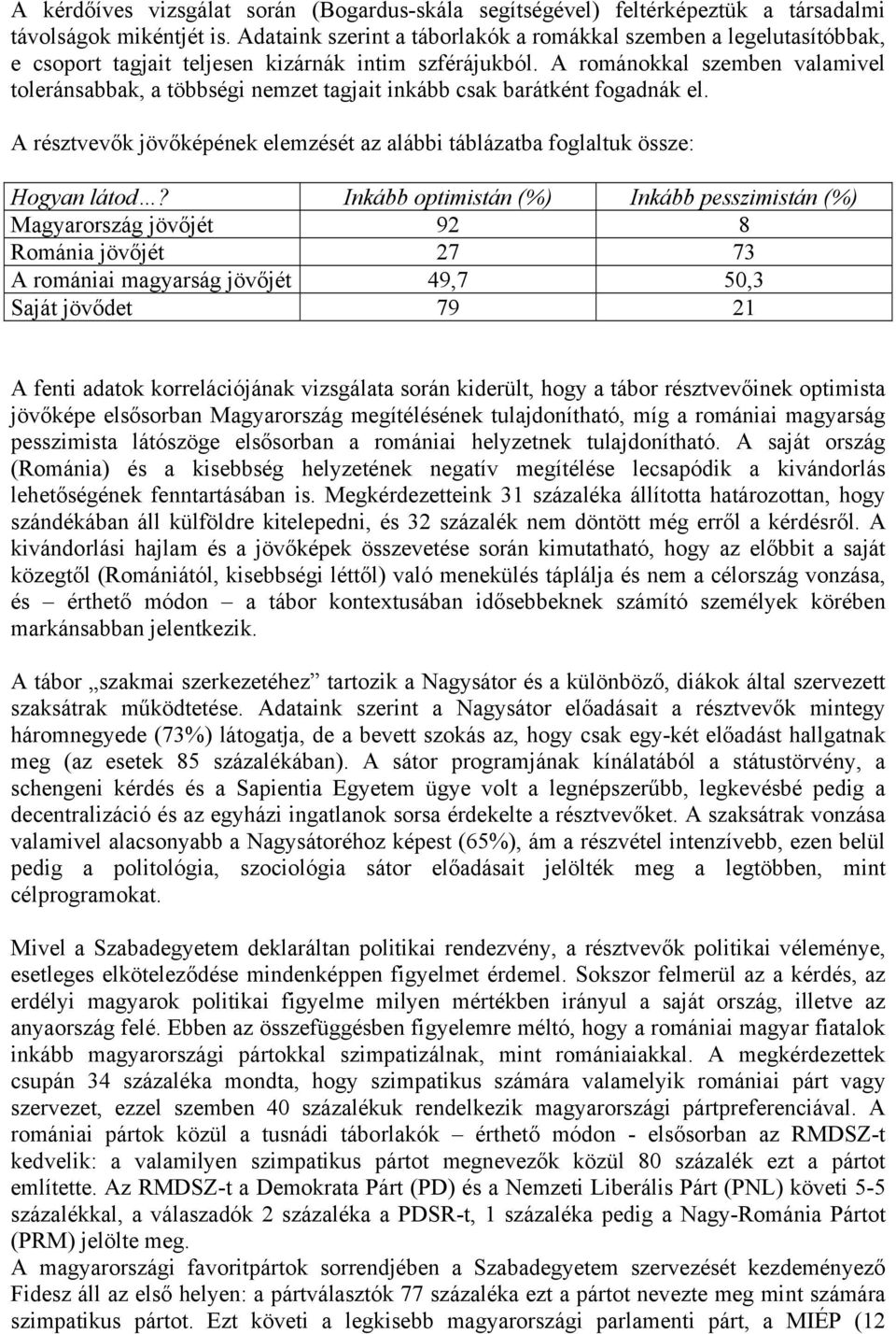 A románokkal szemben valamivel toleránsabbak, a többségi nemzet tagjait inkább csak barátként fogadnák el. A résztvevők jövőképének elemzését az alábbi táblázatba foglaltuk össze: Hogyan látod?