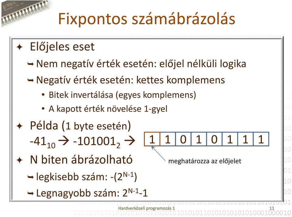 1-gyel Példa (1 byte esetén) -41 10-101001 2 N biten ábrázolható legkisebb szám: -(2 N-1 )