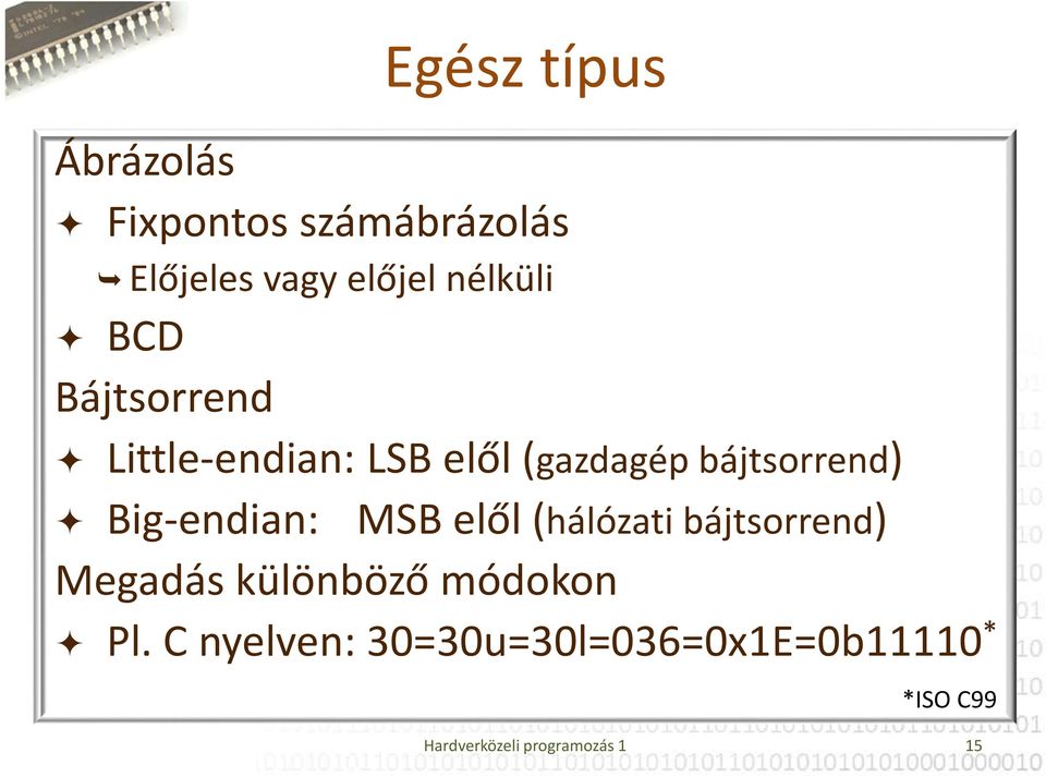 Big-endian: MSB elől (hálózati bájtsorrend) Megadás különböző módokon Pl.