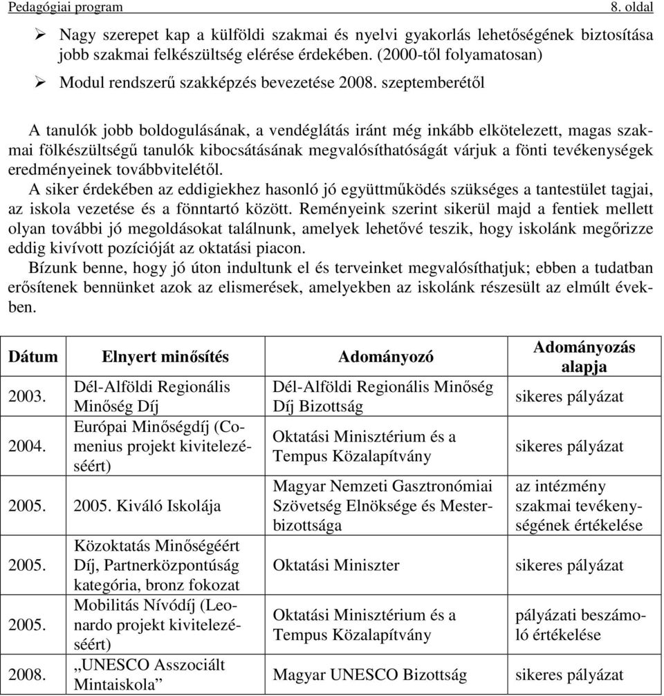 szeptemberétől A tanulók jobb boldogulásának, a vendéglátás iránt még inkább elkötelezett, magas szakmai fölkészültségű tanulók kibocsátásának megvalósíthatóságát várjuk a fönti tevékenységek