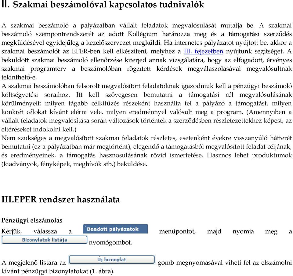 Ha internetes pályázatot nyújtott be, akkor a szakmai beszámolót az EPER-ben kell elkészíteni, melyhez a III. fejezetben nyújtunk segítséget.