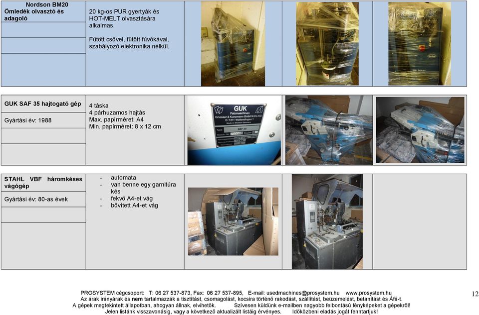 GUK SAF 35 hajtogató gép Gyártási év: 1988 4 táska 4 párhuzamos hajtás Max. papírméret: A4 Min.