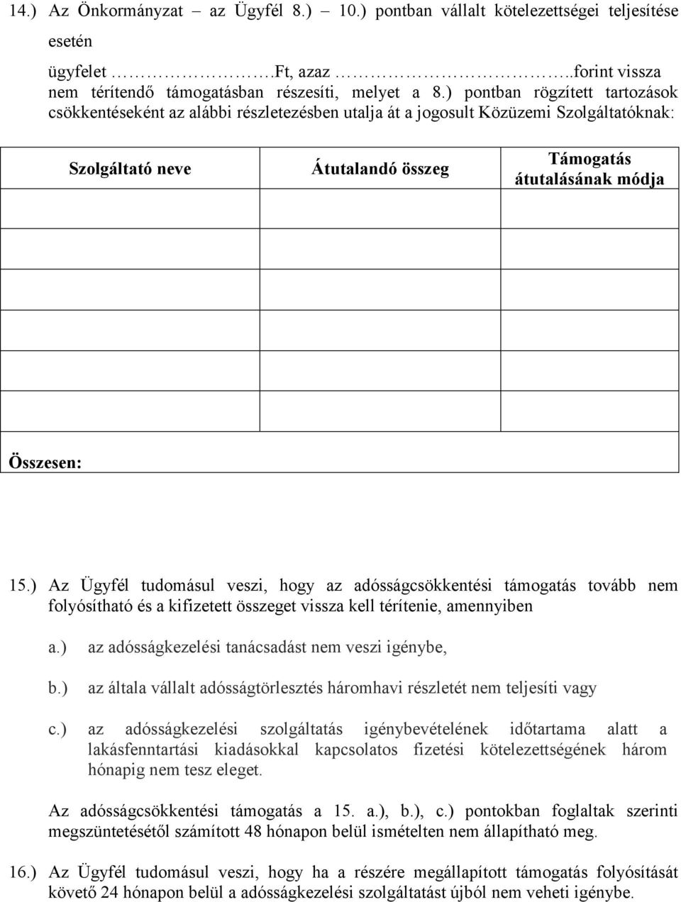 ) Az Ügyfél tudomásul veszi, hogy az adósságcsökkentési támogatás tovább nem folyósítható és a kifizetett összeget vissza kell térítenie, amennyiben a.) b.