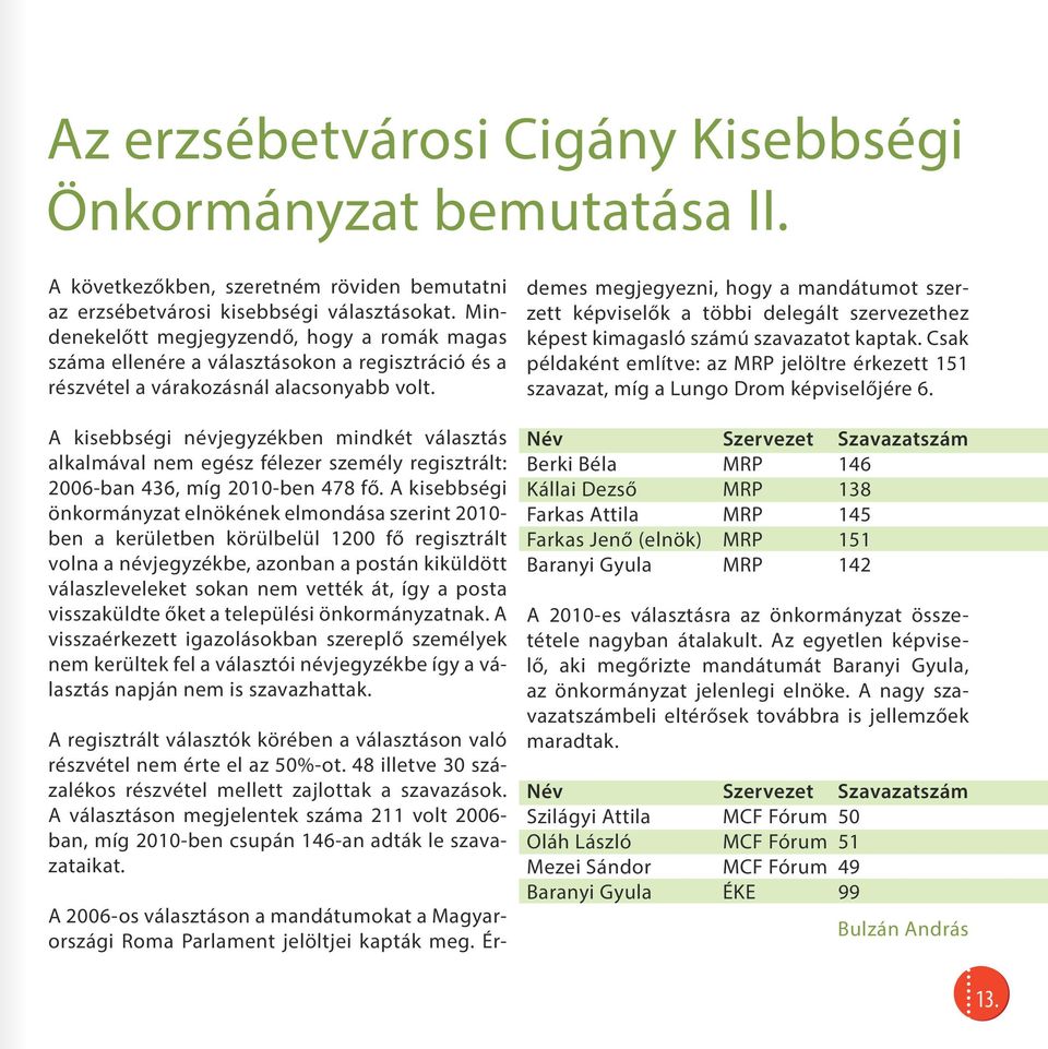 A kisebbségi névjegyzékben mindkét választás alkalmával nem egész félezer személy regisztrált: 2006-ban 436, míg 2010-ben 478 fő.