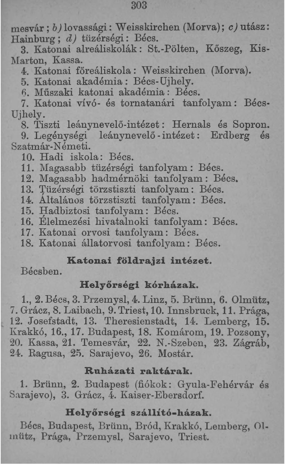 Tiszti leánynevelő-intézet: Hernals és Sopron. 9. Legénységi leánynevelő -intézet: Erdberg és Szatmár-Németi. 10. Hadi iskola: Béc 11. l\iagasabb tüzérségi tanfolyam: Béc 12.