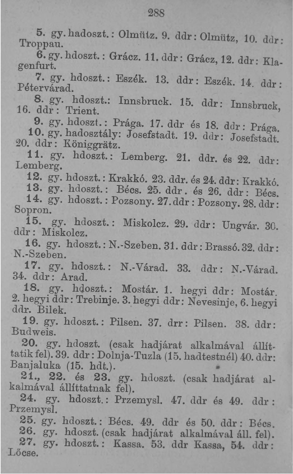 ddl': Lemberg. 12. gy. hdoszt.: Krakkó. 23. ddr. és 24. ddr: Krakkó. 13. gy. hd oszt. : Béc 25. ddr. és 26. ddr: Béc 14. gy. hdoszt. : Pozsony. 27. ddr : Pozsony. 28. ddr : Sopron. 15. gy. hdoszt.: Miskolcz.