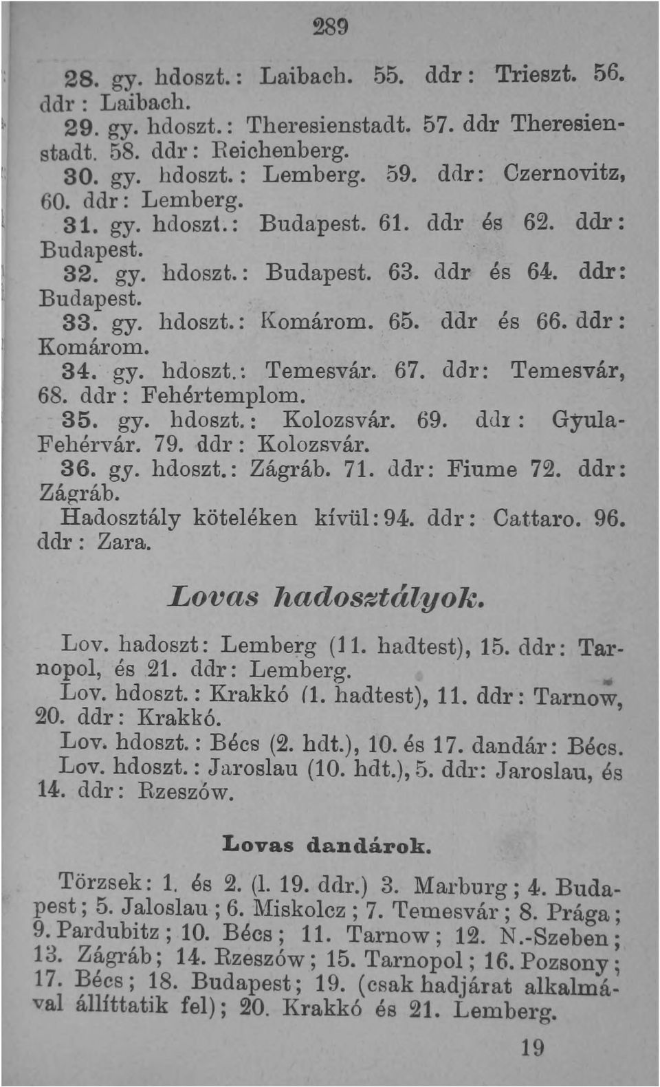 ddr: Komárom. 34. gy. hdoszt.: Temesvár. 67. ddr: Temesvár, 68. ddr: Fehértemplom. 35. gy. hdoszt.: Kolozsvár. 69. dul: Gyula Fehérvár. 79. ddr: Kolozsvár. 36. gy. hdoszt.: Zágráb. 71. ddl': Fiume 72.