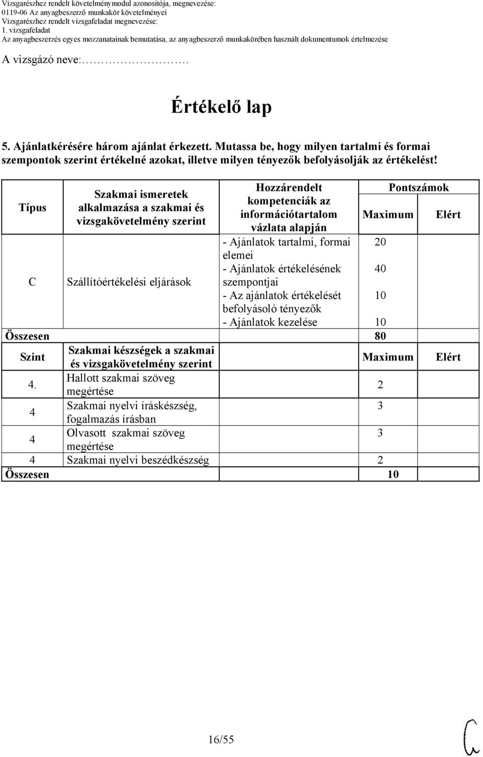 Típus C Szakmai ismeretek alkalmazása a szakmai és Szállítóértékelési eljárások Hozzárendelt kompetenciák az információtartalom vázlata alapján - Ajánlatok tartalmi, formai