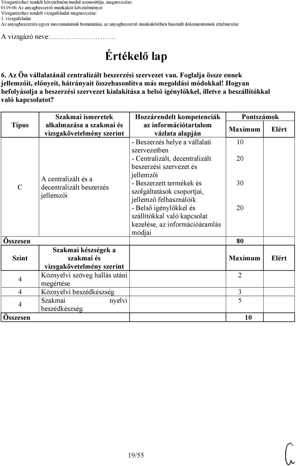 Típus C Szakmai ismeretek alkalmazása a szakmai és A centralizált és a decentralizált beszerzés jellemzői Hozzárendelt kompetenciák az információtartalom vázlata alapján - Beszerzés helye a vállalati