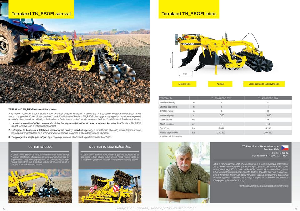 A 2 sorban elhelyezett művelőkéssel, tarajos tandem hengerrel és Cutter tácsás szeletelő szekcióval felszerelt Terraland TN_PROFI olyan gép, amely egyetlen menetben megteremti a vetőgép