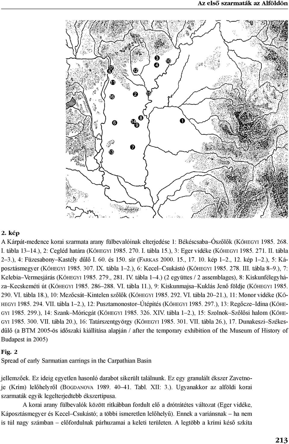 tábla 1 2.), 6: Kecel Csukástó (KÕHEGYI 1985. 278. III. tábla 8 9.), 7: Kelebia Vermesjárás (KÕHEGYI 1985. 279., 281. IV. tábla 1 4.