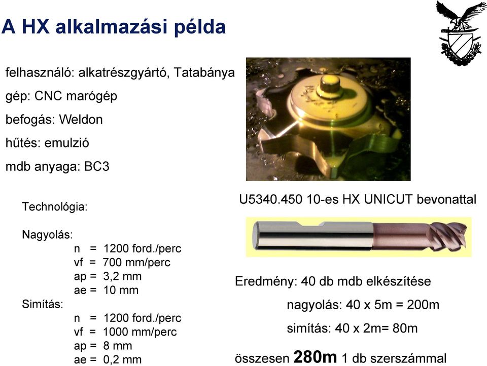 /perc vf = 700 mm/perc ap = 3,2 mm ae = 10 mm Simítás: n = 1200 ford.