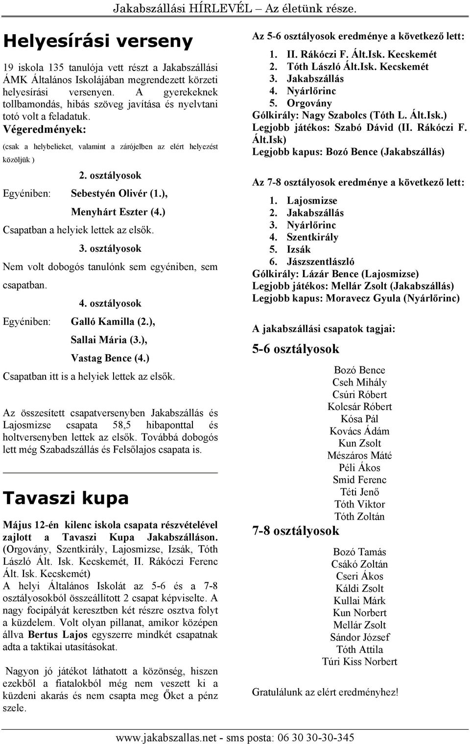 osztályosok Egyéniben: Sebestyén Olivér (1.), Menyhárt Eszter (4.) Csapatban a helyiek lettek az elsők. 3. osztályosok Nem volt dobogós tanulónk sem egyéniben, sem csapatban. 4.