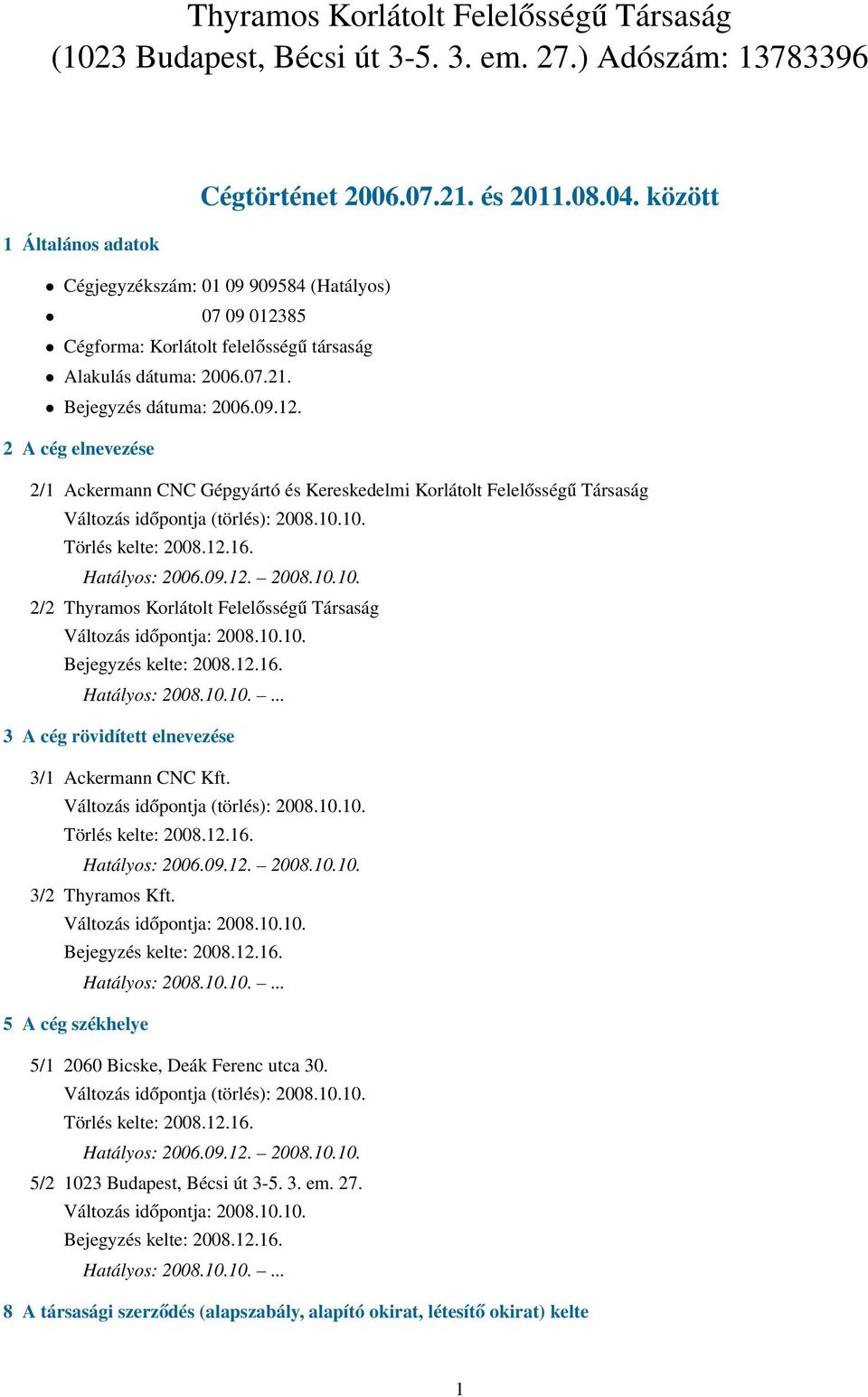 85 Cégforma: Korlátolt felelősségű társaság Alakulás dátuma: 2006.07.21. Bejegyzés dátuma: 2006.09.12.