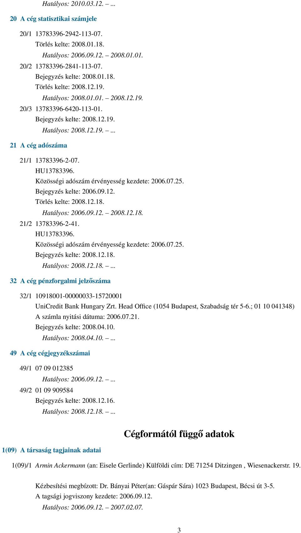 Közösségi adószám érvényesség kezdete: 2006.07.25. Bejegyzés kelte: 2006.09.12. Törlés kelte: 2008.12.18. Hatályos: 2006.09.12. 2008.12.18. 21/2 13783396-2-41. HU13783396.