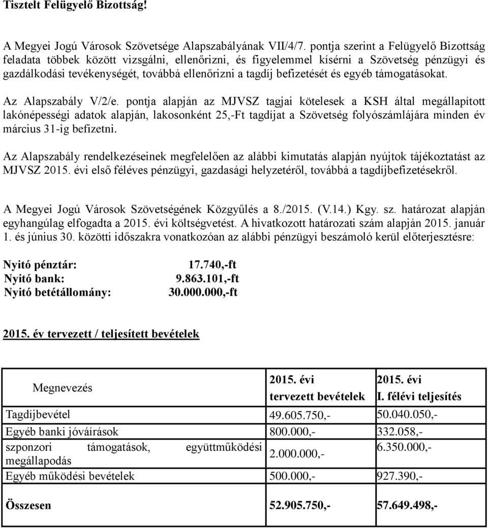 és egyéb támogatásokat. Az Alapszabály V/2/e.