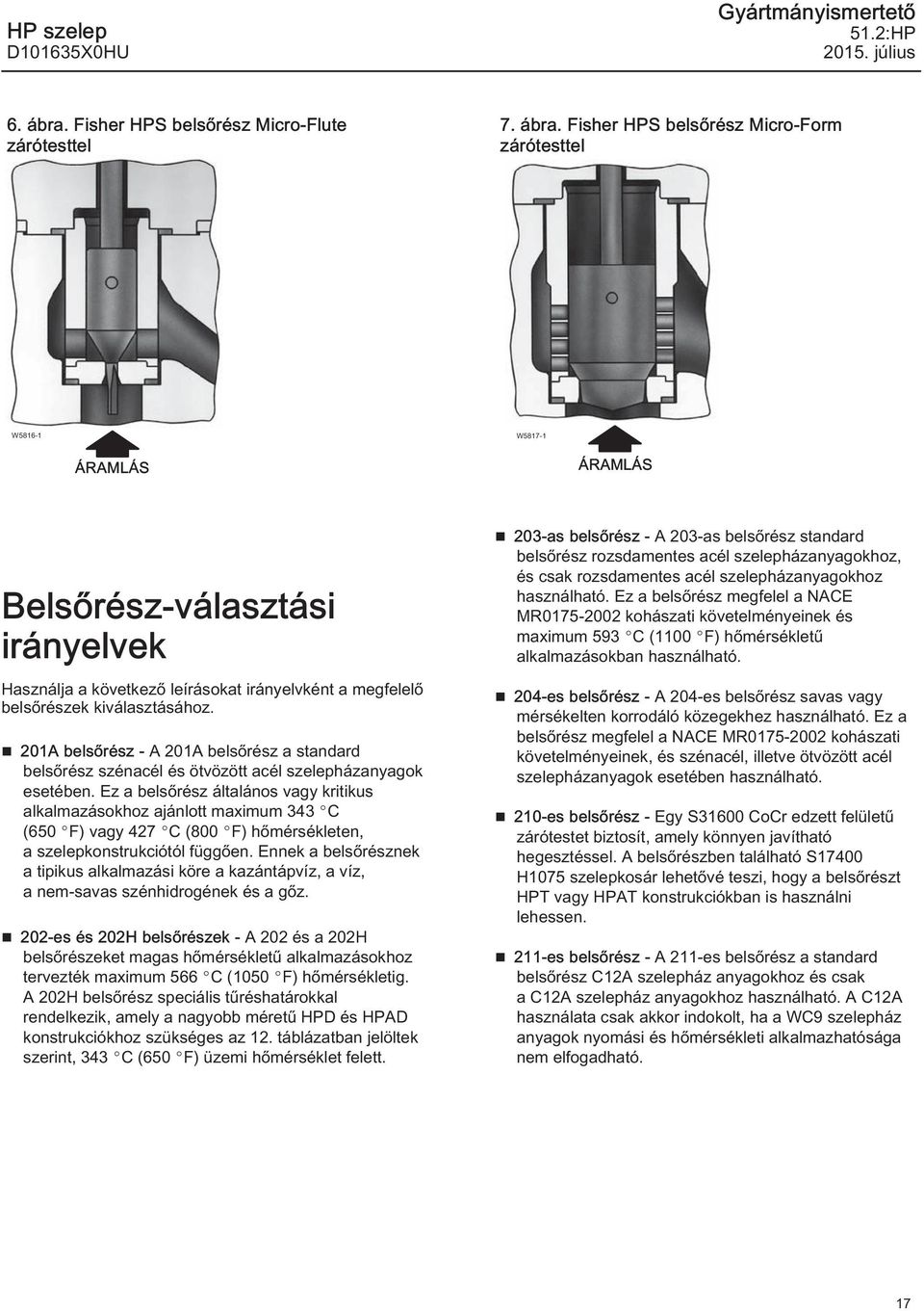 Fisher HPS belsőrész Micro-Form zárótesttel W586- ÁRAMLÁS W587- ÁRAMLÁS Belsőrész-választási irányelvek Használja a következő leírásokat irányelvként a megfelelő belsőrészek kiválasztásához.