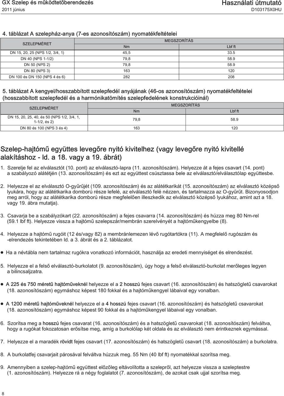 táblázat A kengyel/hosszabbított szelepfedél anyájának (46-os azonosítószám) nyomatékfeltételei (hosszabbított szelepfedél és a harmónikatömítés szelepfedelének konstrukcióinál) SZELEPMÉRET