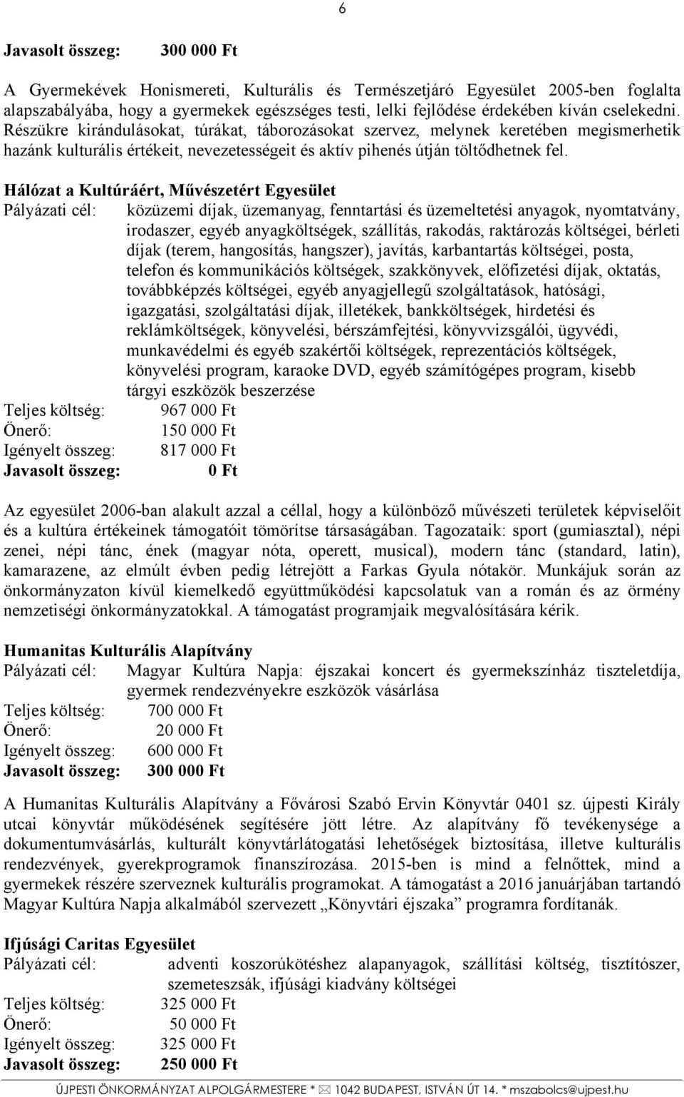 Hálózat a Kultúráért, Művészetért Egyesület Pályázati cél: közüzemi díjak, üzemanyag, fenntartási és üzemeltetési anyagok, nyomtatvány, irodaszer, egyéb anyagköltségek, szállítás, rakodás, raktározás